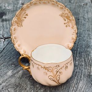 MR Limoges Cup & Saucer France China - Peach/Gold